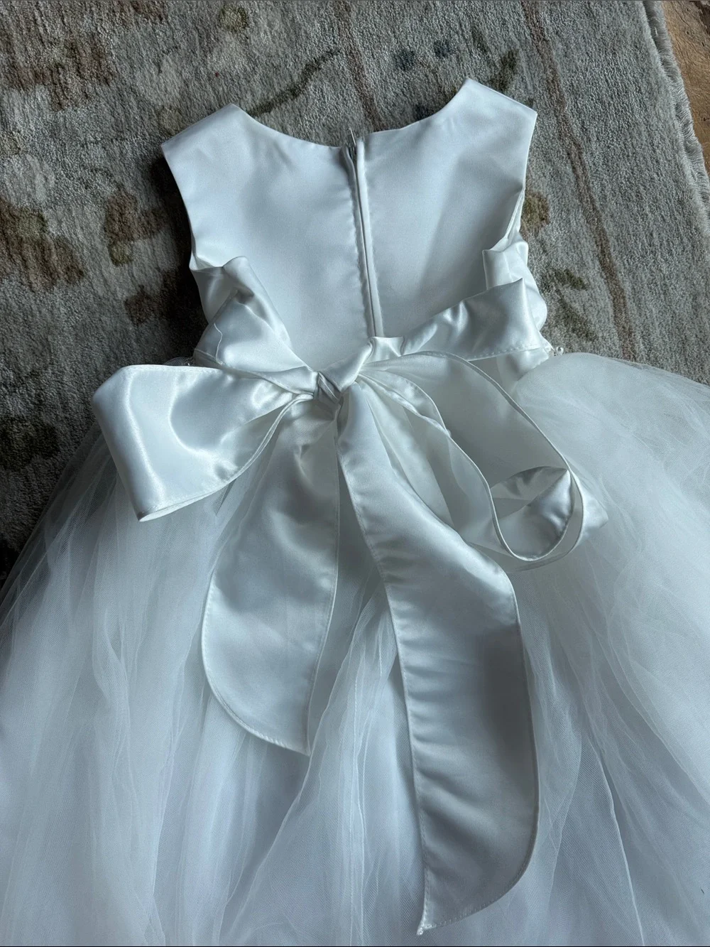 White Satin & Tulle flower girl Dress with Beaded Waist
